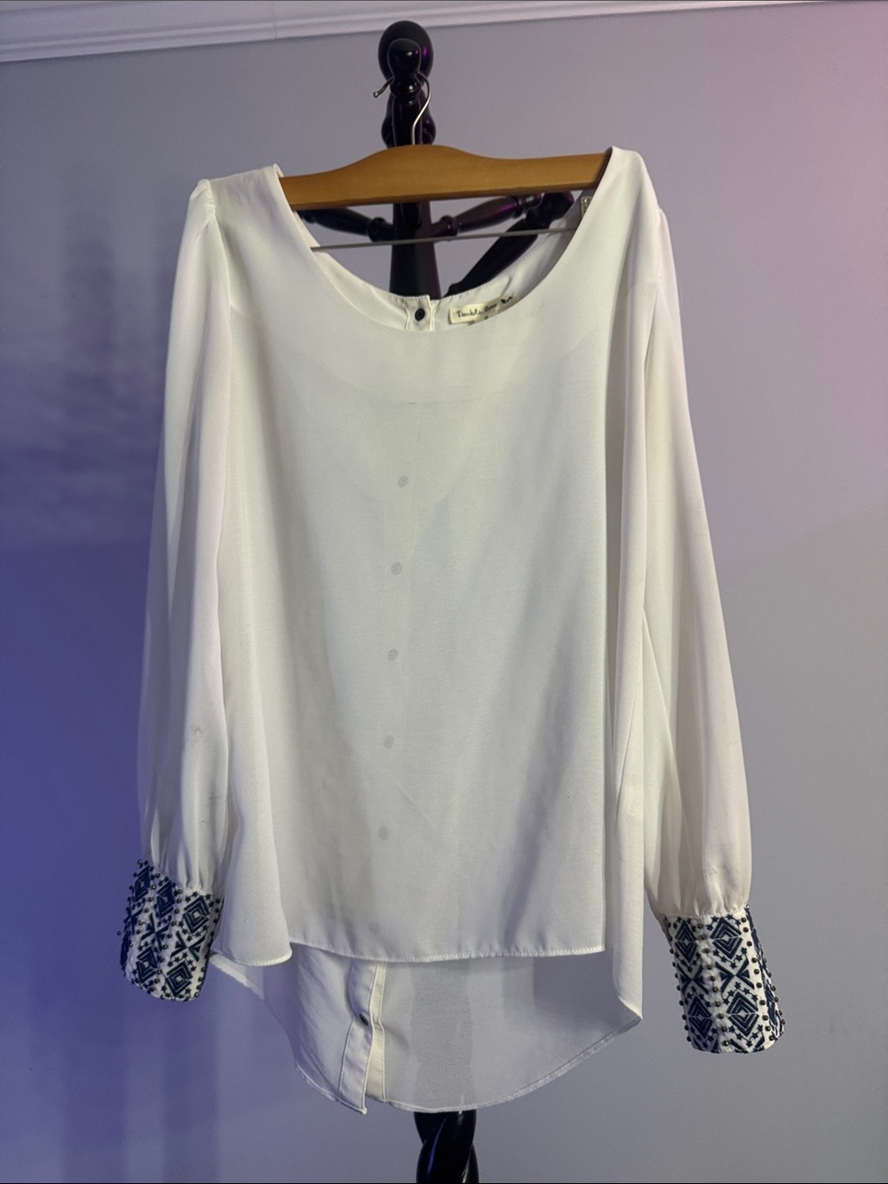 Double Zero White Blouse with Navy Embroidered Cuffs 22.T